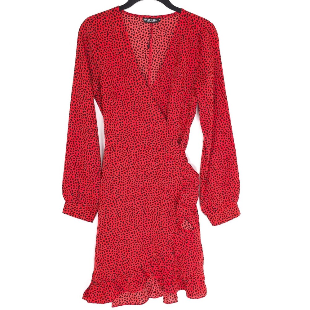 NASTY GAL Women's Mini Wrap Dress Red MEDIUM Animal‎ Print Long Sleeve Ruffle